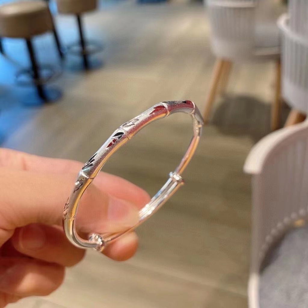 Classic Style Frosted Bamboo Sliding Pull Bracelet Open Wide Face Adjustment Pure Silver 999