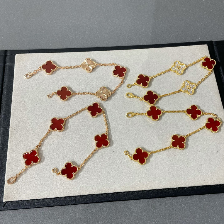 100% Original Authentic V&amp;CA Van Cleef Bracelet 18K Rose Gold VAN Four Leaf Clover Red Bracelet For Women
