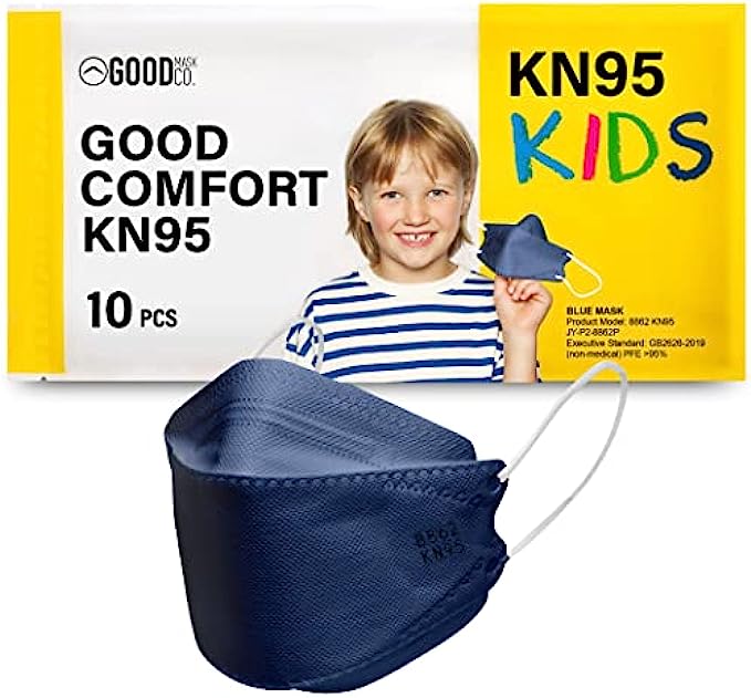 Good Mask Co. Good Comfort Kids KN95 Face Mask, Disposable KN95 Face Mask, Folding, Comfortable Face Masks, Bulk Face Masks (10 Pack of Masks, Blue)