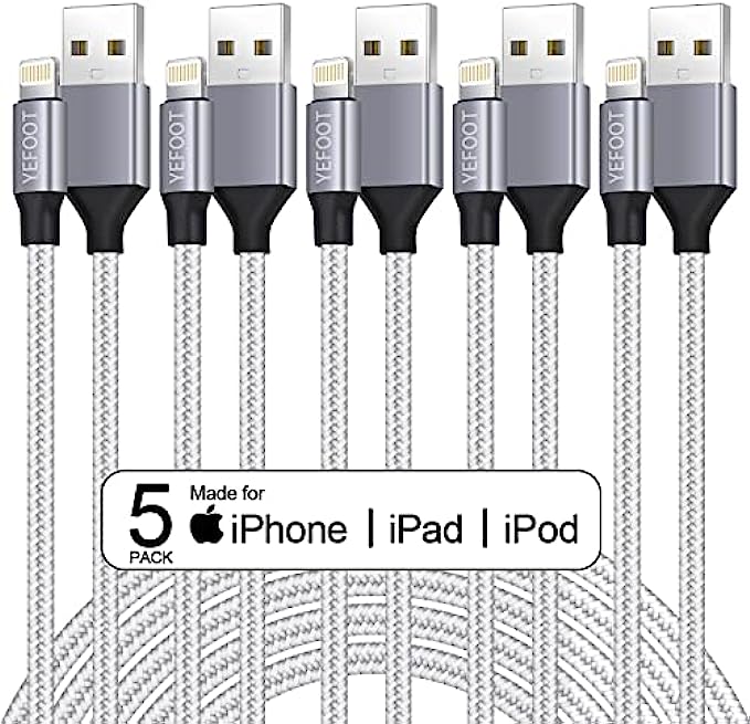 5Pack(3/3/6/6/10FT) [Apple MFi Certified] iPhone Charger Lightning Cable Compatible iPhone 13Pro/13/12Pro Max/12Pro/12/11/Pro/Xs and More-Silver&amp;White