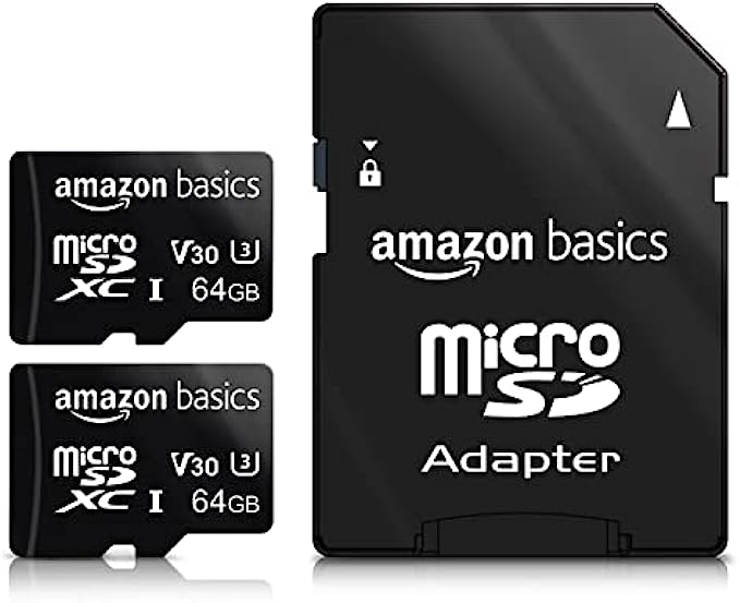 Amazon Basics microSDXC Memory Card with Full Size Adapter, A2, U3, Read Speed up to 100 MB/s, 64 GB - Pack of 2
