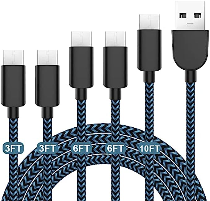 5Pack (3/3/6/6/10FT) Fast Charging 3A USB-C to USB-A Cable Rapid Charger Quick Cord Compatible Samsung Galaxy S10 S9 S8 Plus, Note 10 9 8, LG V50 V40 G8 G7(Blue)