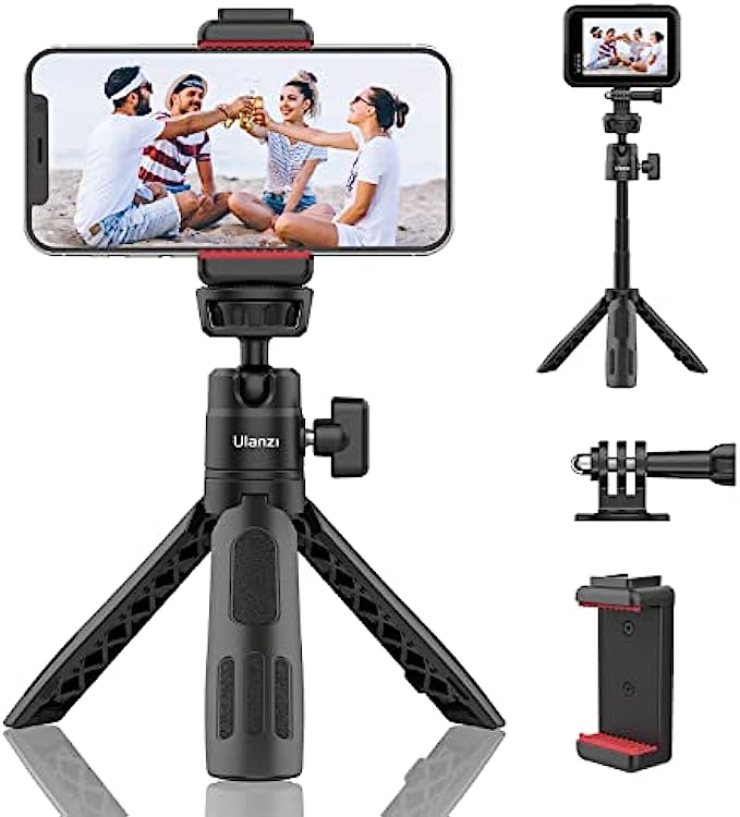 ULANZI M12 Extendable Selfie Stick for Gopro, Portable Vlog Cell Phone Tripod Stand with Phone Mount and Gopro Adapter, Mini Hand Grip Compatible with Gopro Hero 10/9/8/7/6/5 and Smartphone