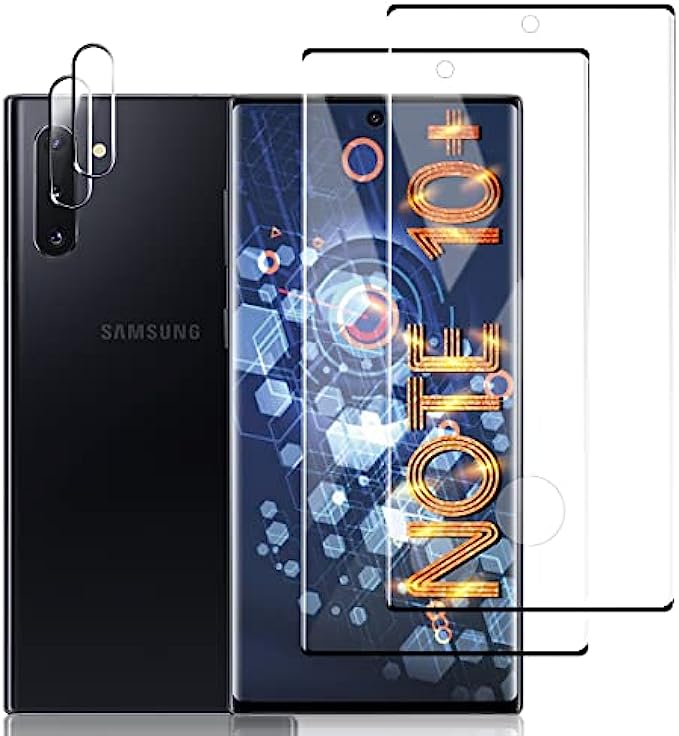 [2+2 Pack] Galaxy Note 10 Plus Screen Camera Protector, 9H Tempered Glass Scratch Resistant, Ultrasonic Fingerprint Support, 3D HD Curved, For Samsung Galaxy Note 10 Plus 6.8 Inch Glass Screen Protect