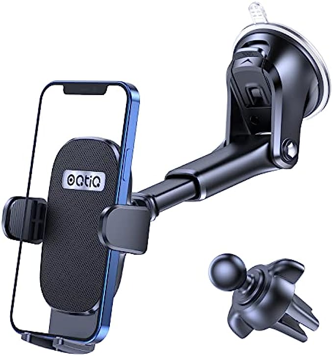 OQTIQ 3-in-1 Suction Cup Phone Holder Windshield/Dashboard/Air Vent, Dashboard &amp; Windshield Suction Cup Car Phone Mount with Strong Sticky Gel Pad, Compatible with iPhone, Samsung &amp; Other Cell