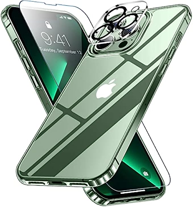 SPIDERCASE [3 IN 1] Designed for iPhone 13 Pro Max Case, [Crystal Clear Not Yellowing][with 2 Pcs Tempered Glass Screen Protectors &amp; 2 Pcs Camera Lens Protectors] Slim Thin Case-Clear