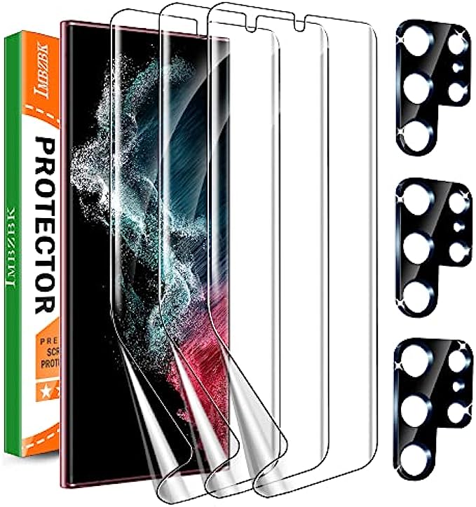 IMBZBK [3+3 Pack] for Samsung Galaxy S22 Ultra 5G Screen Protector [Not Glass], 3 Pack Flexible TPU Film with 3 Pack Tempered Glass Camera Lens Protector, Fingerprint Compatible, Case Friendly