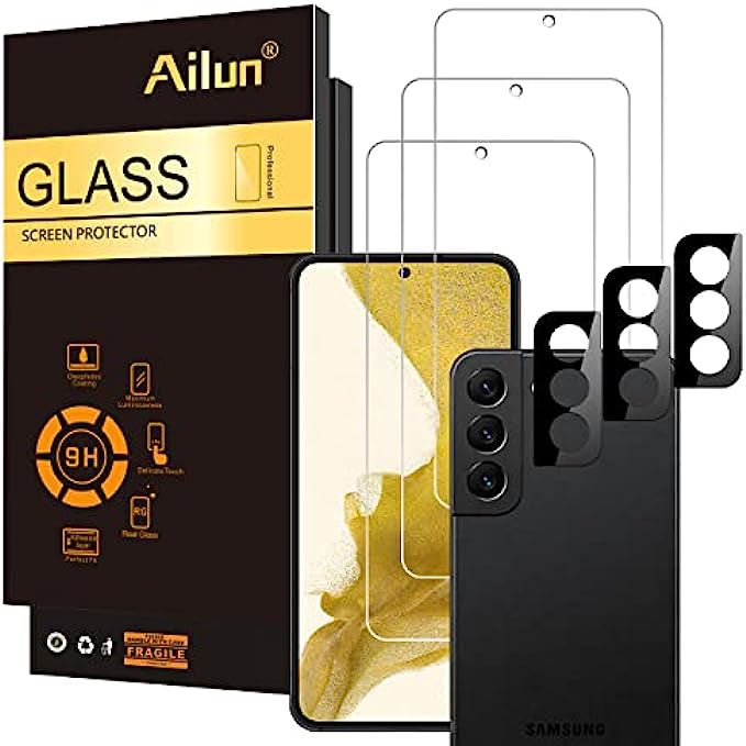 Ailun Glass Screen Protector for Galaxy S22+/S22 Plus 5G 6.6 Inch Display 3Pack + 3Pack Camera Lens Tempered Glass Fingerprint Unlock Compatible 0.25mm Clear Anti-Scratch Case Friendly [Not For S22 Ul