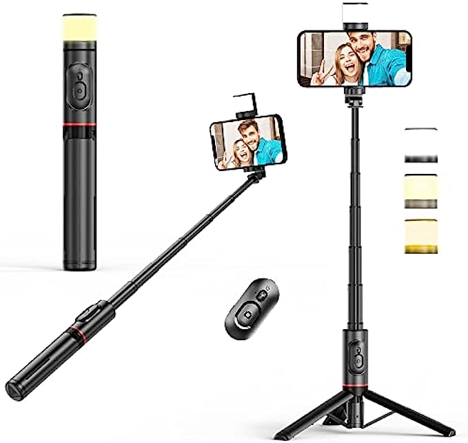 Colorlizard Selfie Stick Tripod with Fill Light, Extendable Aluminum Cell Phone Tripod Stand with Remote for iPhone/Android, Video Recording Vlogging Live Streaming