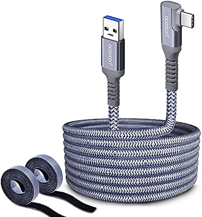 aceyoon Link Cable 20ft Compatible for Oculus Quest 2/1, Braided USB 3.1 GEN1 to Right Angle USB C 5Gbps High Speed Data Transfer &amp; Fast Charging VR Headset Cable for Oculus Link/Rift S