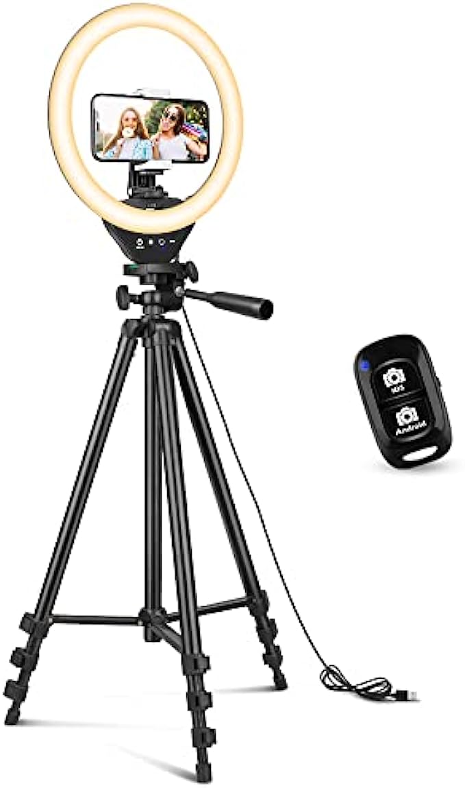 Sensyne 10'' Ring Light with 50'' Extendable Tripod Stand, LED Circle Lights with Phone Holder for Live Stream/Makeup/YouTube Video/TikTok, Compatible with All Phones.