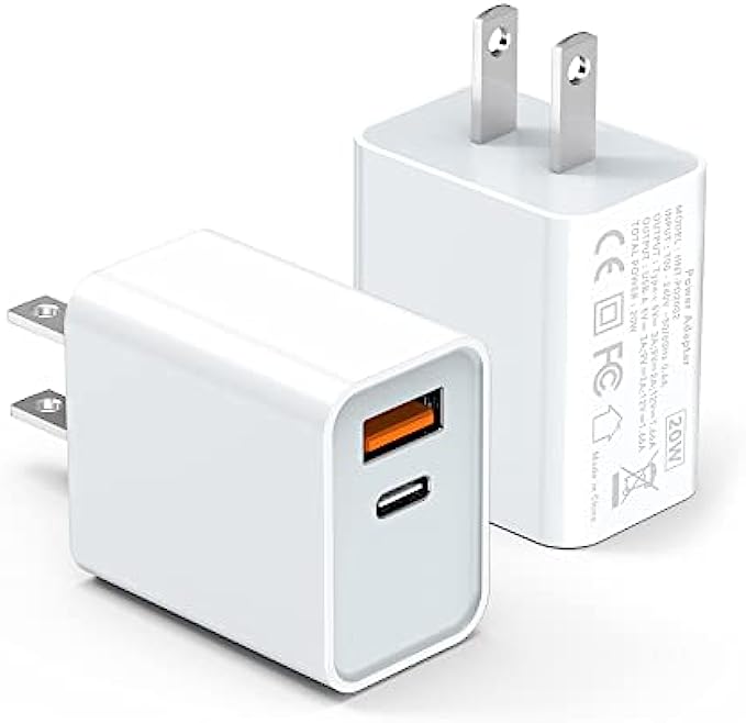 USB C Wall Charger Block 20W, 2-Pack Dual Port PD Power Delivery Fast Type C Charging Block Plug Adapter for iPhone 13/12/11 /Pro Max, XS/XR/X, iPad Pro, AirPods Pro, Samsung Galaxy and More(White)
