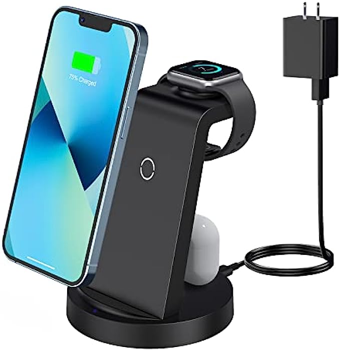 Wireless Charging Station, 3 in 1 Wireless Charger Compatible with iPhone 13 Pro/13/12/11/Pro/SE/XS/XR/X/8 Plus/8, Fast Wireless Charging Stand Dock for Apple Watch Series &amp; Airpods(with Adapter)