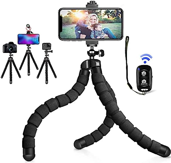 Phone Tripod, Portable and Flexible Cell Phone Tripod Stand with Remote, Travel Mini Tripod for iPhone 13 12 11, GoPro, Compact Digital Camera, for Video Recording (Upgraded)
