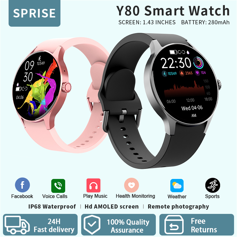 SPRISE New AMOLED Smart Watch Bluetooth Multifunction Heart Rate Fitness Wristband Sleep Monitor Message Reminder IP68 Waterproof Men Women