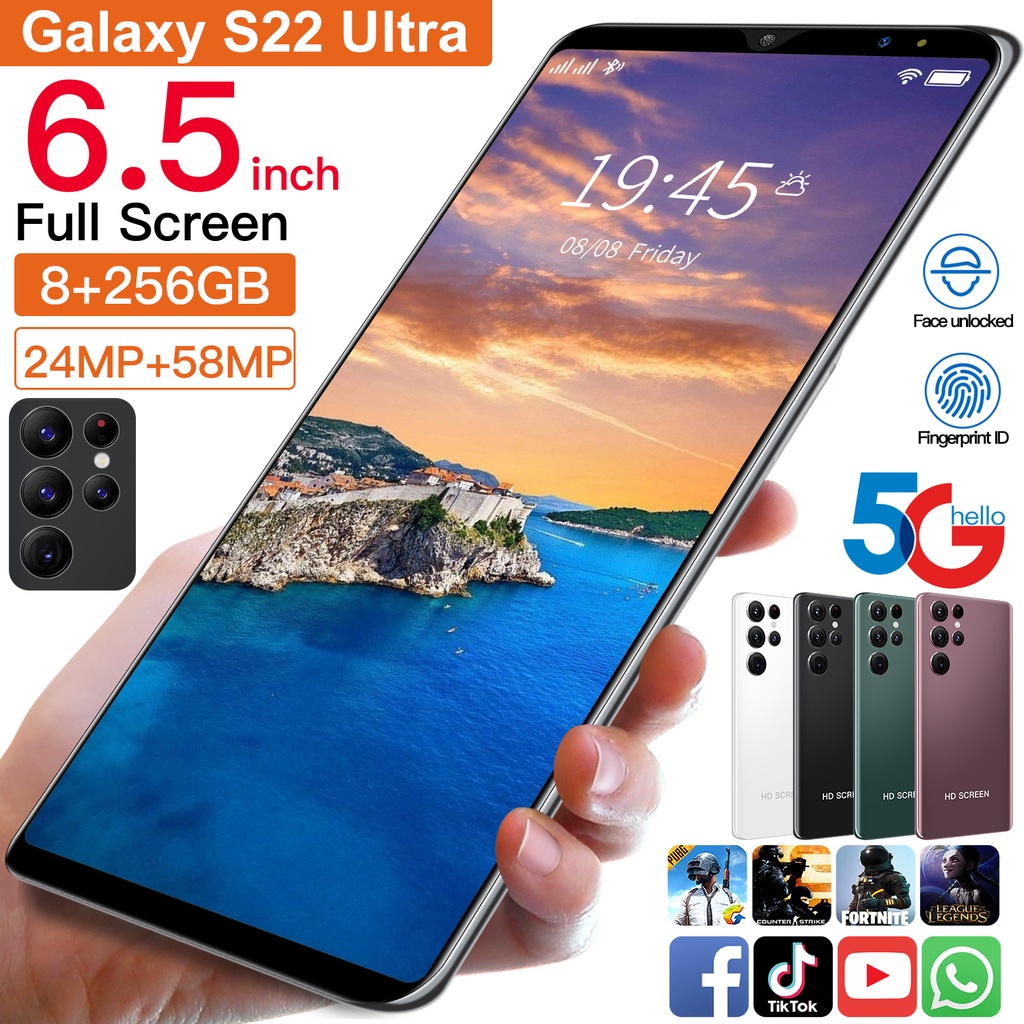 Galaxy S22 Ultra Smartphone 6.5inch Full Screen 8GB RAM 256GB ROM Dual Sim Dual Standby Fingerprint unlock Face Recognition Smartphone