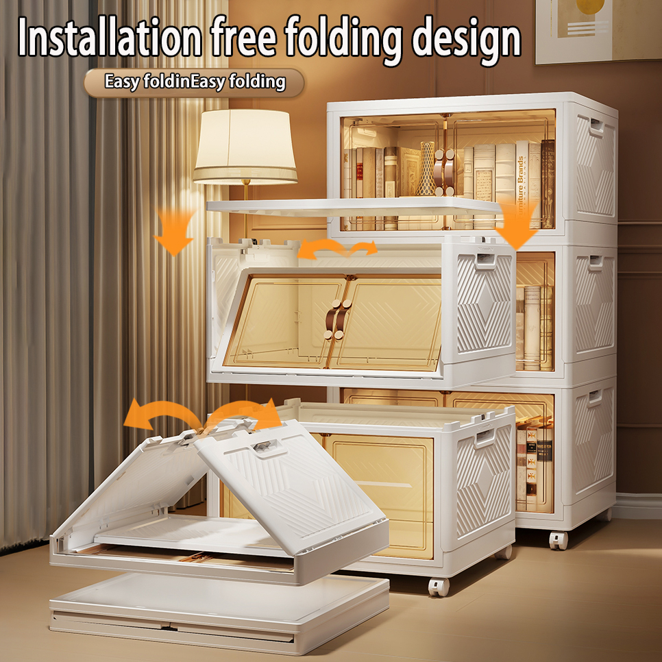 【SG Stock】Folding Storage Box  Wardrobe  Transparent Double Door Foldable  Home Clothes Snacks Storage Cabinet