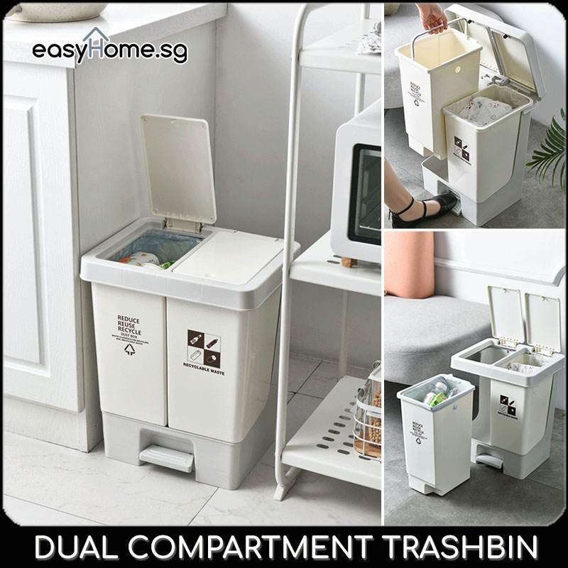 Easyhome.sg 20L Dual Compartment Trash Bin Dustbin Rubbish Double Separate Sorting Bins Wet Dry Garbage Recycling Bin