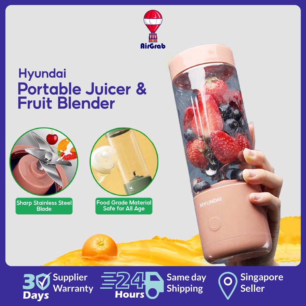 Hyundai Portable Fruit Blender Portable Extractor Blender Usb Rechargeable 4 Blades 400ml
