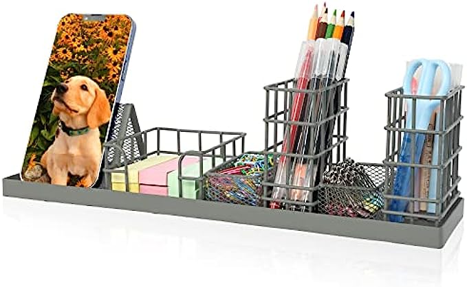 Grey Desk Organizer for School and Office - 7 Piece Desk Accessories Set- Pencil Holders, Clip Storages, Sticky Note Tray and Phone holder, Customizable Storage - Office Supplies Stationery Décor