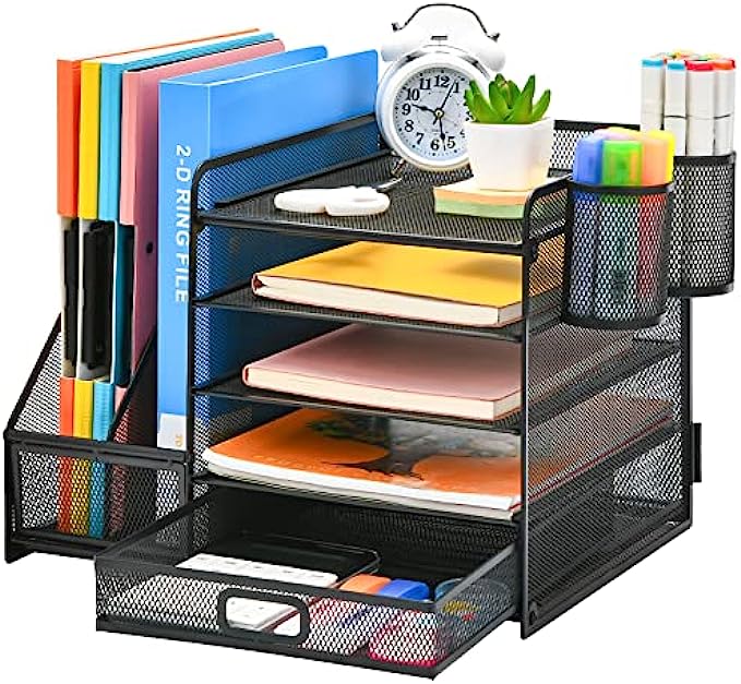Marbrasse Desk Organizer with File Holder, 5-Tier Paper Letter Tray Organizer with Drawer and 2 Pen Holder, Mesh Desktop Organizer and Storage with Magazine Holder for Office Supplies (Black)