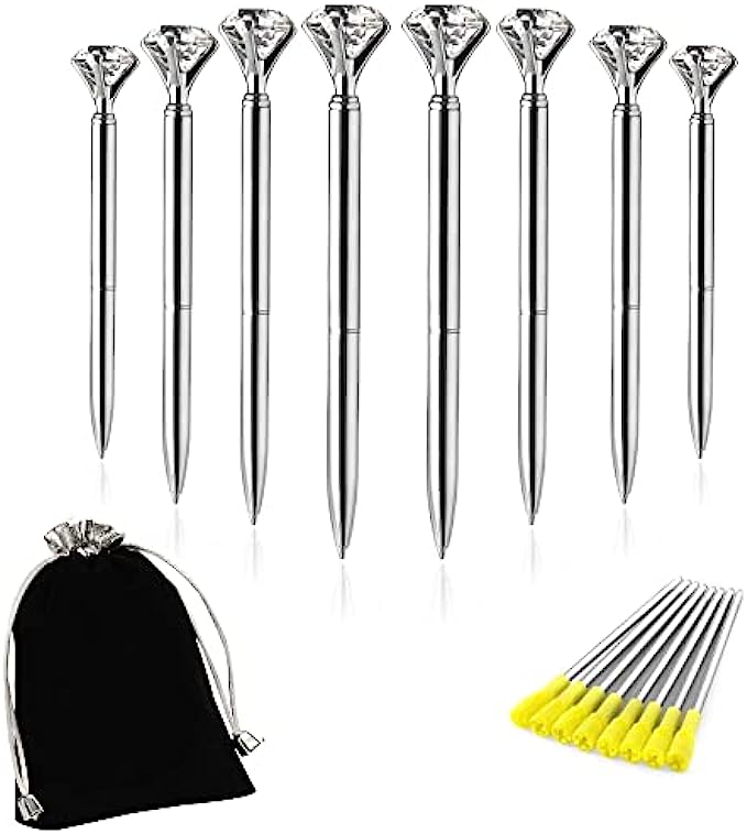 Set of 8 Diamond Pens Silver with Black Ink, 8 Black Refills and 1 Black Velvet Gift Bag, Bling Office Supplies for Women, Cute Stylish Accessories for Girls, Fancy Silver Ballpoint Pen for Wedding