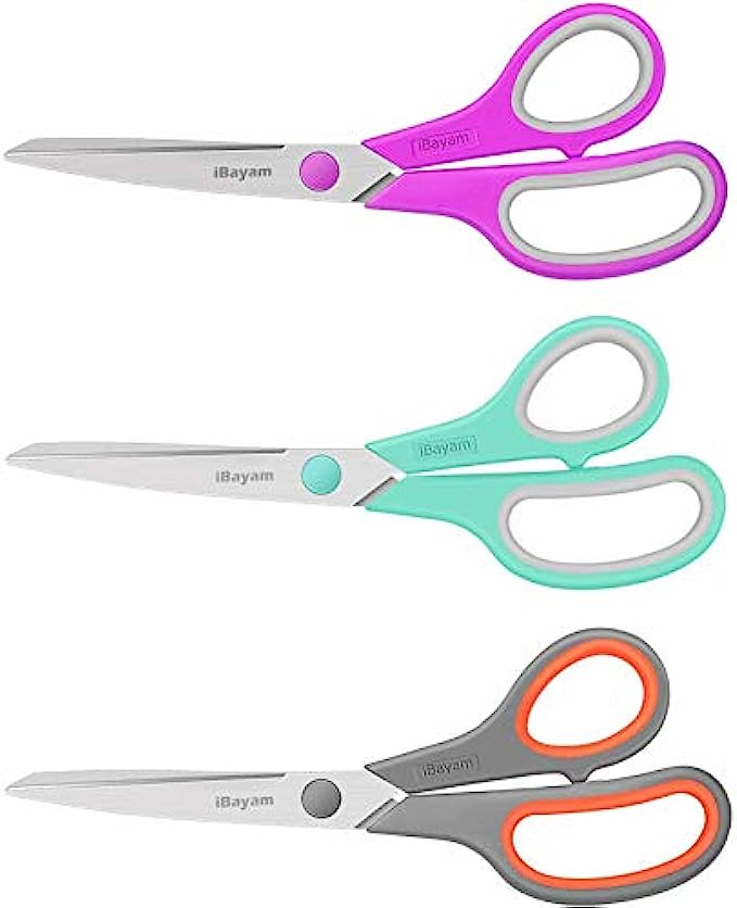 Scissors, iBayam 8" Multipurpose Scissors Bulk Ultra Sharp Shears, Comfort-Grip Sturdy Scissors for Office Home School Sewing Fabric Craft Supplies, Right/Left Handed, 3-Pack, Mint, Grey, Purple