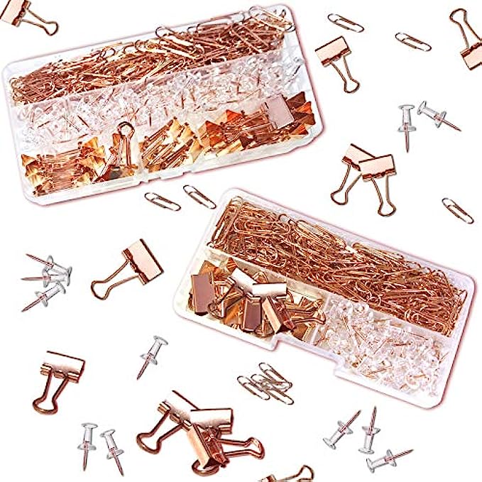 208 PCS Rose Gold Desk Accessory Push Pins Binder Clips Paper Clips Standard Size Office Supplies Kit Set with Storage Box（Small Pack）