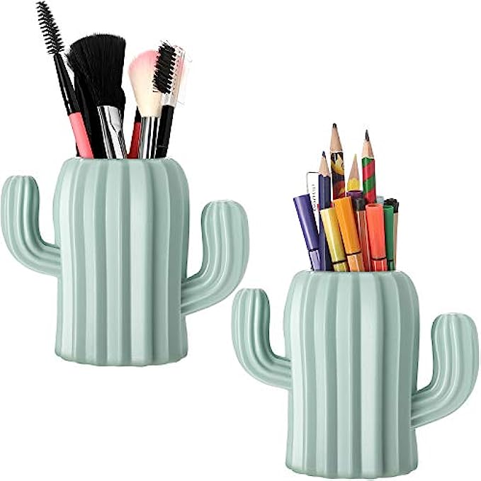 2 Pieces Cactus Pen Holder Cactus Pen Pencil Container Desktop Supplies Pen Cups Cosmetic Makeup Brush Holder for Student Multifunction Storage Box Office (Green)
