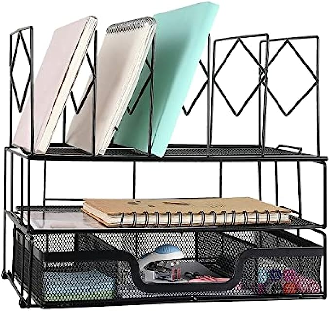 Gianotter Desk Organizers and Accessories, Office Supplies Desk Organizer with Sliding Drawer, Double Tray and 5 Upright Sections (Black)