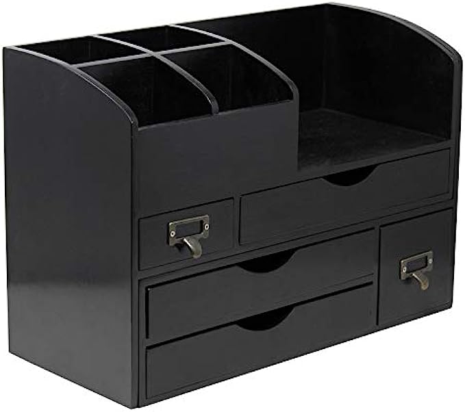 Executive Office Solutions Adjustable Wooden Desk Organizer For Desktop, Tabletop, Office or Counter – Wood Storage Shelf Rack For Office Supplies, Desk Accessories, or Mail – Black