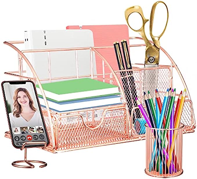 Verdefamily Rose Gold Office Supplies and Accessories, Desk Organizers Set of 3, with Pen Holder for Desk and Phone Holder, Rose Gold Desk Accessories for Women with 5 Compartment + Drawer