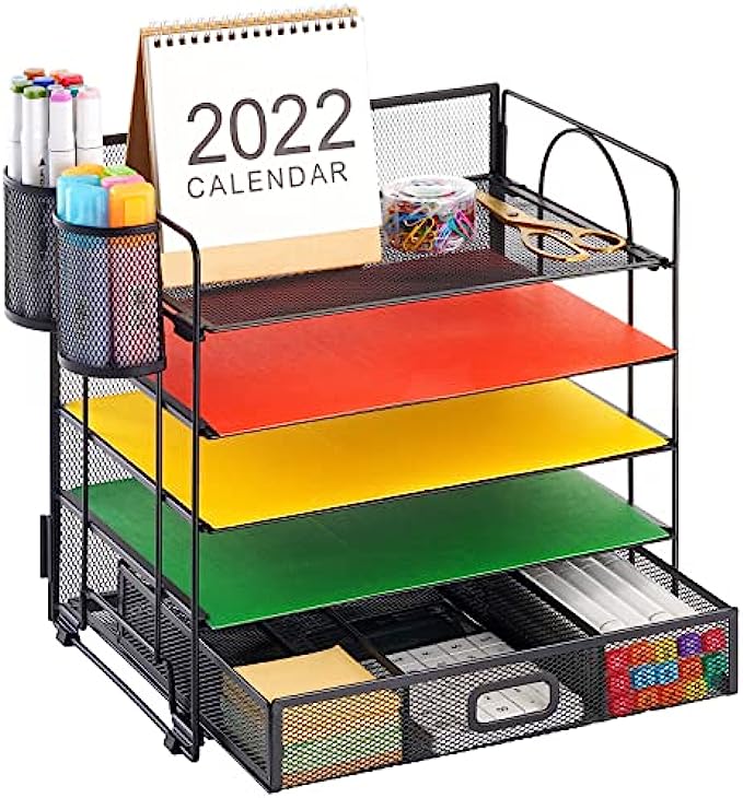 Marbrasse 5-Trays Desktop File Organizer with Pen Holder | Paper Letter Tray with Drawer and 2 Pen Holder | Mesh Office Supplies Desk Organizer for Home Office (Black)