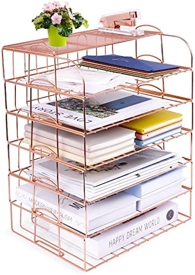 6 Tier Stackable Letter Tray, Rose Gold File Organizer Desk Organizers and Accessories for Women with 1 Upper Display Shelf for School Home Office Supplies