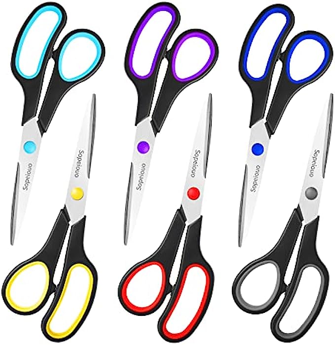 Scissors Set of 6-Pack, 8" Scissors All Purpose Comfort-Grip Handles Sharp Scissors for Office Home School Craft Sewing Fabric Supplies, High/Middle School Student Teacher Scissor, Right/Left Han