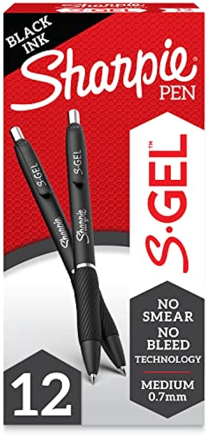 Sharpie S-Gel, Gel Pens, Medium Point (0.7mm), Black Ink Gel Pen, 12 Count (Pack of 1), Black