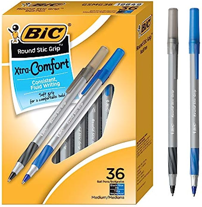BIC Round Stic Grip Xtra Comfort Ballpoint Pen, Medium Point (1.2mm), Black &amp; Blue, Soft Grip For Added Comfort And Control, 36-Count