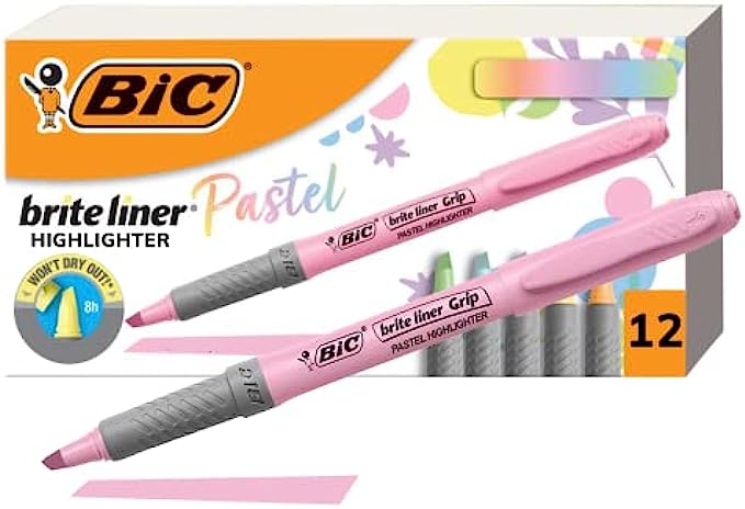 BIC Brite Liner Grip Pastel Highlighter Set, Chisel Tip, 12-Count Pack of Pastel Highlighters in Assorted Colors, Cute Highlighters for Bullet Journal Exercises, Note Taking and More