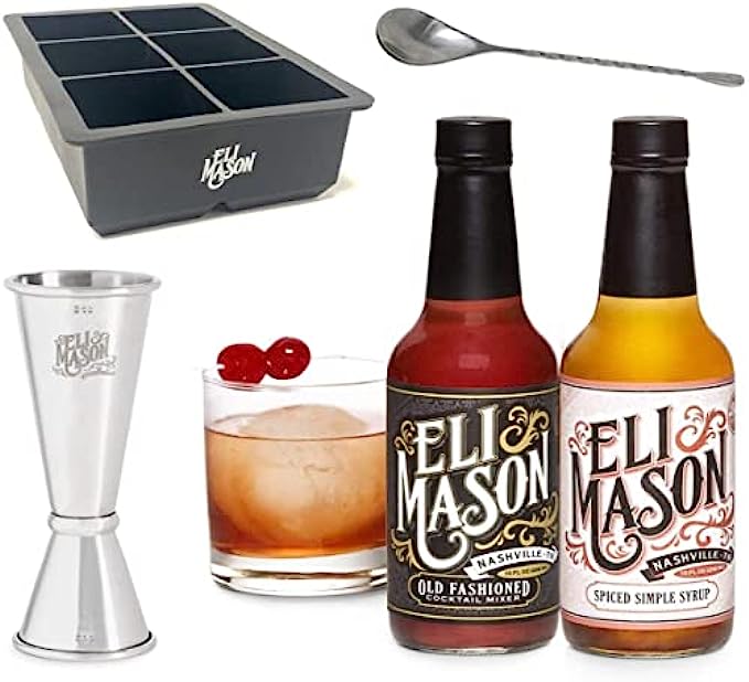 Eli Mason Spiced Old Fashioned Kit - Old Fashioned 10oz + Spiced Simple Syrup 10oz with Jigger, Spoon, and Ice Mold - Perfect for DIY Mixologists