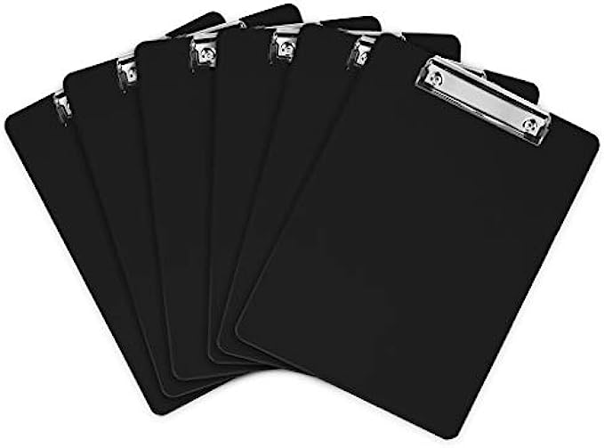 Plastic Clipboards (Set of 6) Multi Pack Clipboard (Black) Strong 12.5 x 9 Inch | Holds 100 Sheets! Acrylic Clipboards with Low Profile Clip | Cute Clip Boards Board Clips
