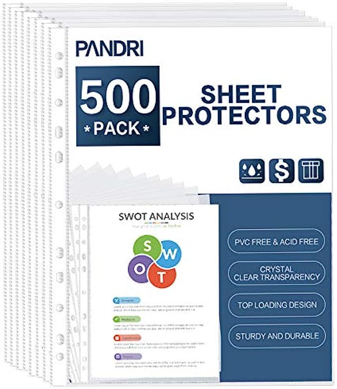 Sheet Protectors, PANDRI 500 Pack Clear Heavy Duty Plastic Page Protectors Sheet Reinforced 11-Hole Fit for 3 Ring Binder Fits Standard 8.5 x 11 Paper, 9.25 x 11.25 Top Loaded, Acid Free