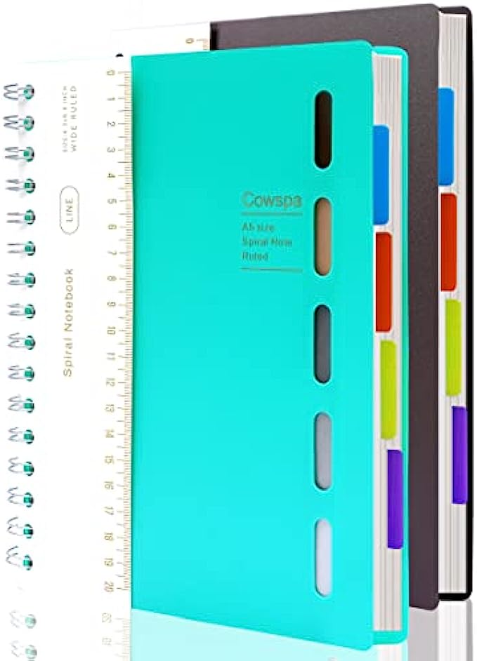 2 Pack 5 Subject Notebook Spiral Bound Journal Wide Ruled 7"x 8.5" Hardcover Spiral Notebook with Dividers A5 Lined Notebook for College Students Writing Journal School Office Supplies,Teal&