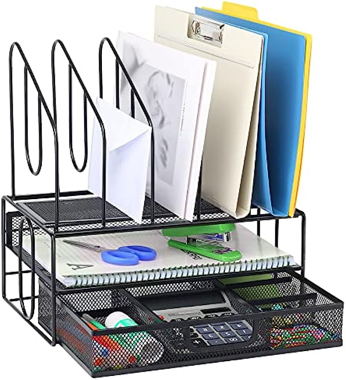 Desk Organizers and Accessories Storage, Desktop File Organizer with Drawer &amp; Paper Tray, Large Office Supplies Organization, Mesh Work Desk Top File Folder Holder for Teacher Back School Gift, Bl