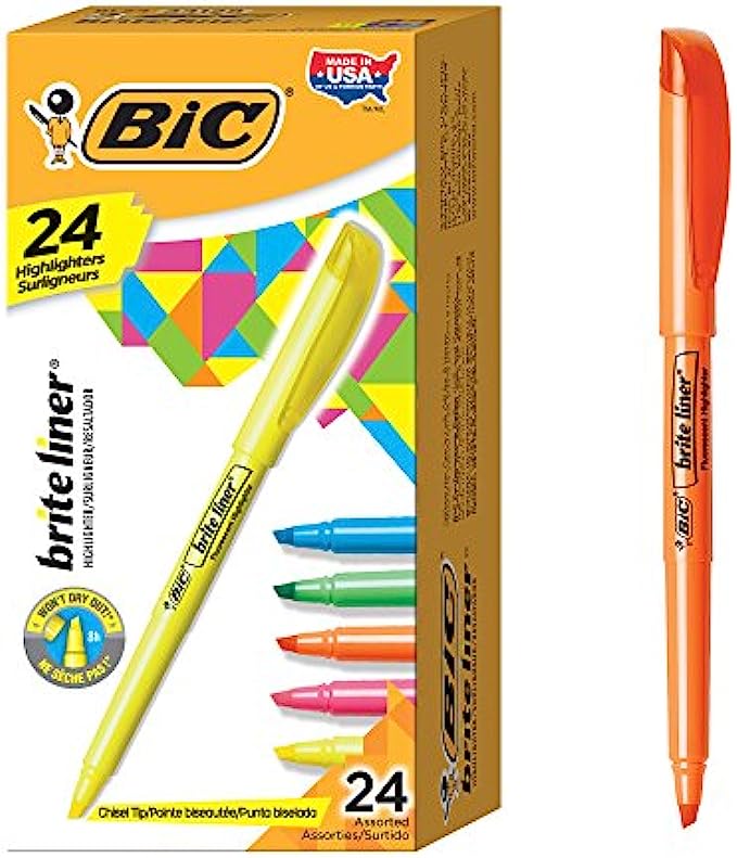 BIC Brite Liner Highlighter, Chisel Tip, Assorted Colors, 24-Count, Chisel Tip for Broad Highlighting or Fine Underlining