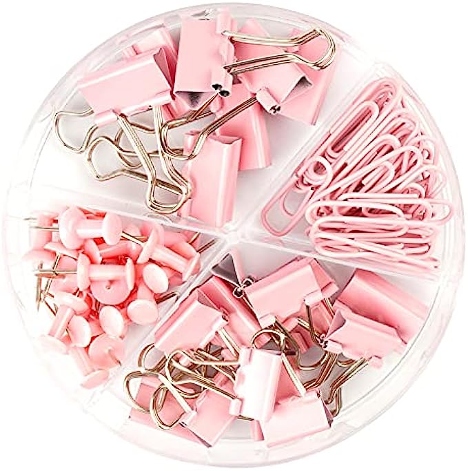 DANRONG 97 PCS Office Supplies for Women, Paper Clips, Binder Clips and Push Pins Set, Paperclips Thumb Tacks School and Home Desk Supplies, Desk Organized (Pink)