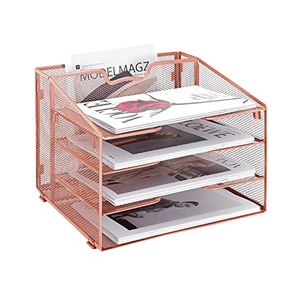 Reliatronic Mesh Desk Organizer, Metal 5 Compartments Organizer with 4 Horizontal Letter Trays and 1 Upright Section for Letters, Folders, Files, Documents and Desk Accessories, Rose Gold