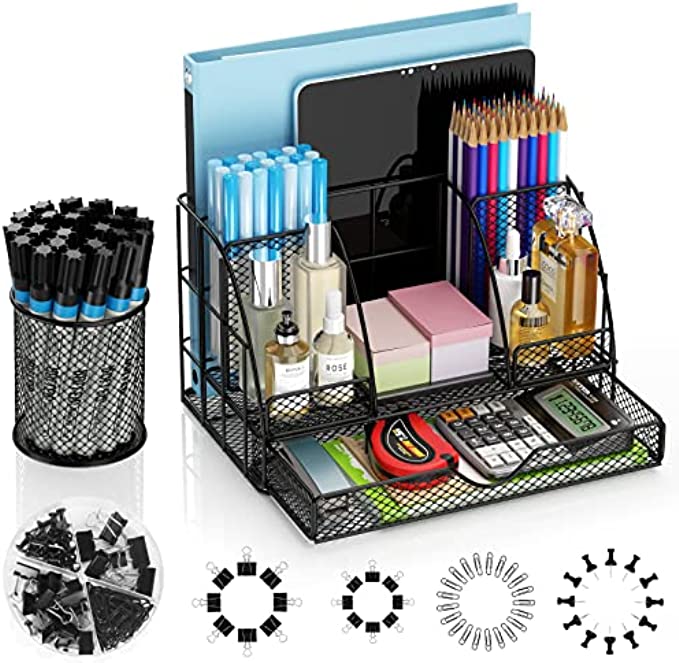 Desk Organizers and Accessories, Office Desk Organizer with 6 Compartments + 1 Large Sliding Drawer + Pen Holder + 72 Accessories, Desk Accessories Organizers for Office, Home, School (Black)