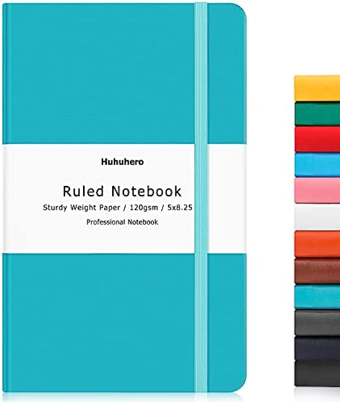 Huhuhero Notebook Journal, Lined Hard Cover, 120Gsm Premium Thick Paper with Fine Inner Pocket, Ruled Faux Leather for Journaling Writing Note Taking Office School Supplies 5"×8.25"(1, Teal)