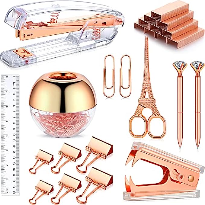 1112 Pieces Desk Accessory, Include Clear Desktop Stapler with 1000 Staples, Staple Remover, Ruler, Scissor, 100 Paper Clips, 2 Diamond Pens and 6 Binder Clips for School Office Supplies (Rose Gold)