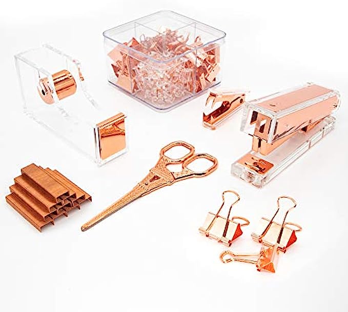 Gutyble Rosegold Office Supplies Set,Package Contains Stapler,Tape Dispenser,Staple Remover,Scissors,Binder Clips,Paper Clips,Push Pins and 1000pcs Staples.Acrylic Office Desk Accessories Kits